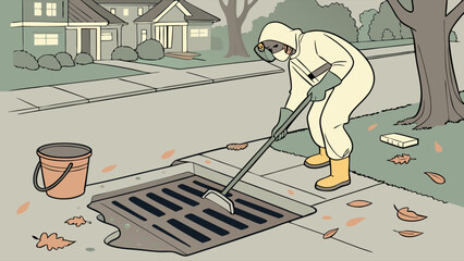Worker in Hazmat Suit Cleans Storm Drain in Residential Area for Environmental Protection