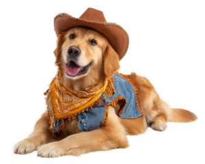 Golden retriever dog wearing cowboy hat and denim vest with yellow bandana lying down happily