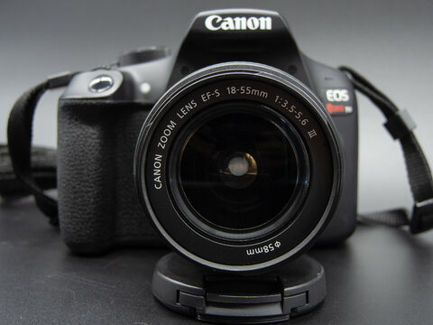 Zapopan Jalisco, Mexico - July 23, 2025: Canon EOS Rebel T6 DSLR reflex camera with lens cap, camera concept