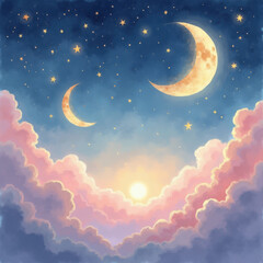Celestial night sky with glowing crescent moons and shimmering stars over fluffy clouds at dusk