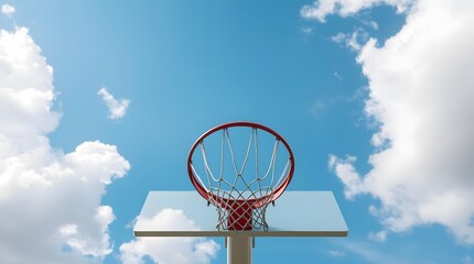 Naklejka premium Reach for the sky with determination and ambition under clear skies, basketball goal for success