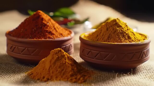 Indian Spices in Clay Bowls.