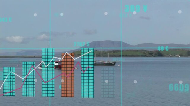 Grid fading initiating overlaying arrow on fishing boat bars rising, lines tracing, nodes updating