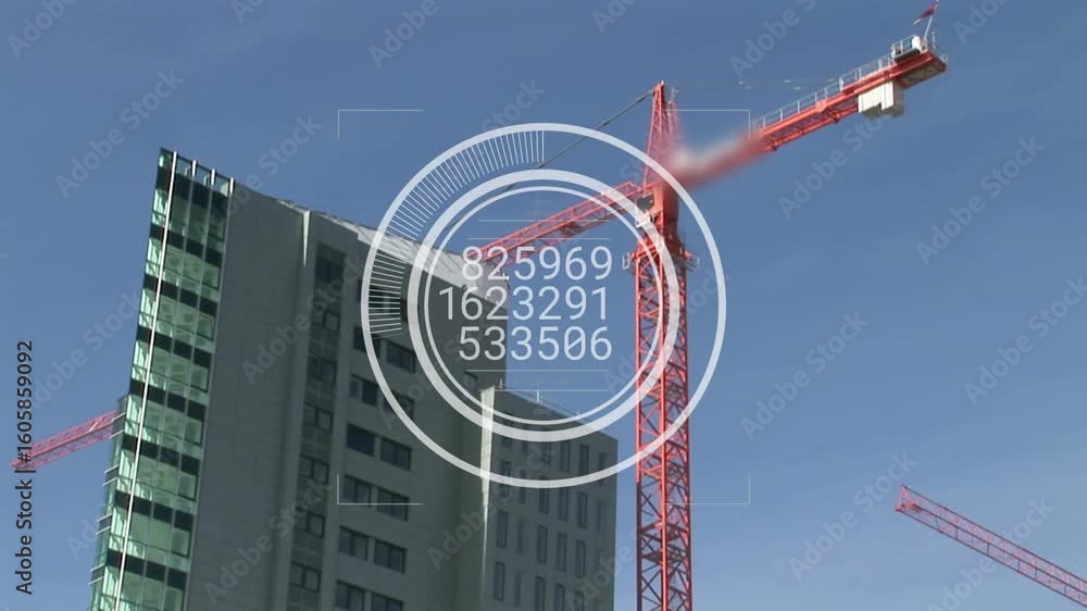 Poster hud activating crane jib rotating while spinning rings updating data showing construction progress