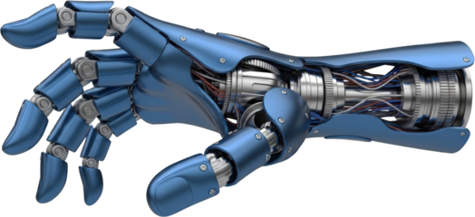 Blue metallic robotic arm with exposed intricate wiring and silver internal mechanisms digitally rendered transparent background