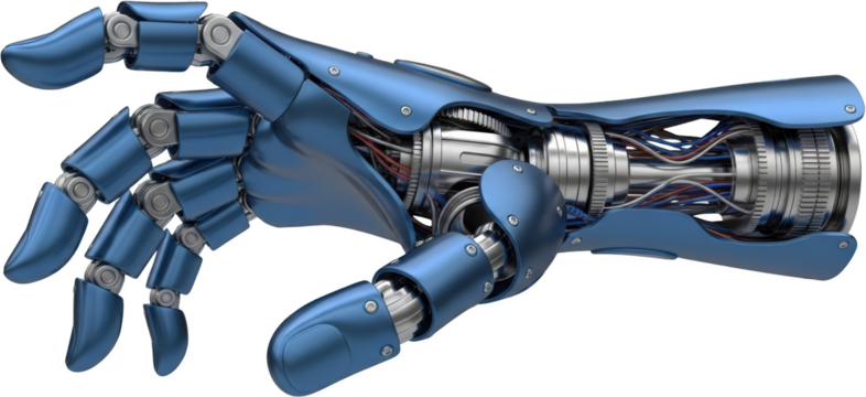 Blue metallic robotic arm with exposed intricate wiring and silver internal mechanisms digitally rendered transparent background