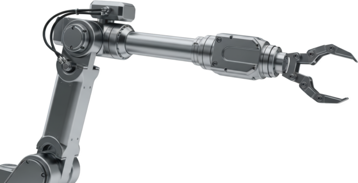 Robotic industrial arm with a gripper metallic construction and hydraulic connections robotic arm transparent background