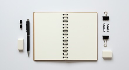 Open notebook with pen, erasers, and binder clips on a white background.