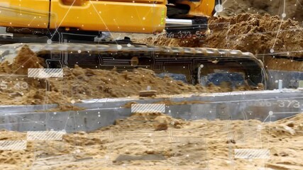 Excavator bucket entering scooping lifting dumping soil on trench for leveling with data overlay - Powered by Adobe