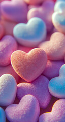Obraz premium A close-up view of small, pastel-colored heart shapes scattered in the background, evoking a soft, romantic, and dreamy Valentine's Day aesthetic,