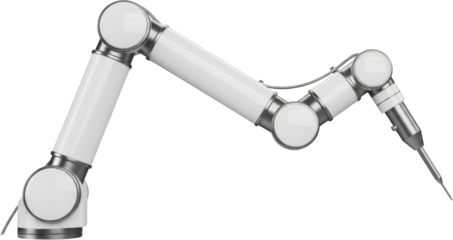 Articulated industrial robotic arm with a precision tool white and silver finish automation transparent background