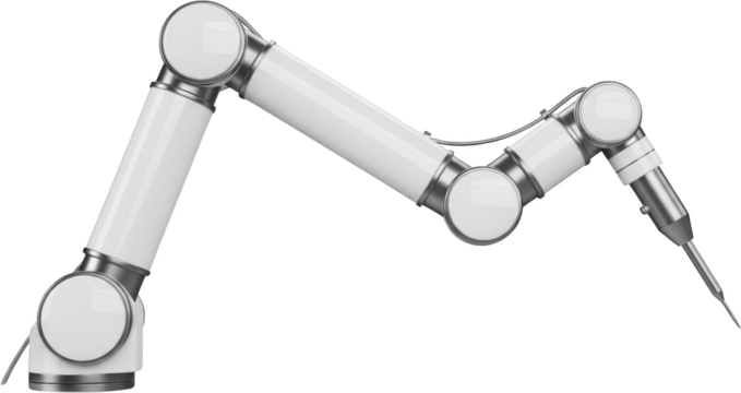 Articulated industrial robotic arm with a precision tool white and silver finish automation transparent background