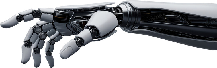 Detailed robotic arm with exposed internal mechanics and articulated fingers white and silver plating transparent background