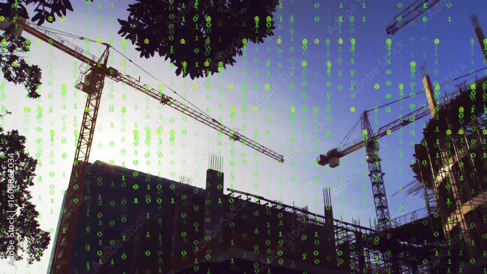 Poster binary overlay cascading across tower cranes above frame, crane hook lowering showing structure