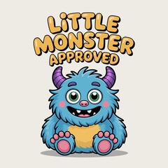Little monster approved card with blue monster, cute Halloween, printable sticker, fun vector illustration