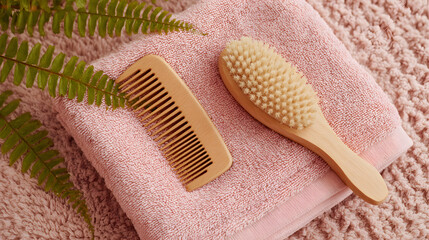 Wooden Brush and Comb Set on Pink Towel Flatlay
