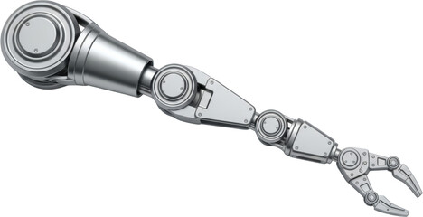 Detailed silver robotic arm with articulated joints and a gripping claw extendable robot arm transparent background