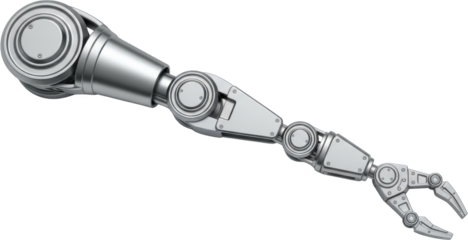 Detailed silver robotic arm with articulated joints and a gripping claw extendable robot arm transparent background