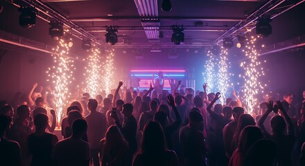 Spectacular pyrotechnics light up an energetic crowd dancing at a music festival.