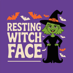 Resting witch face card with green witch, purple dress, bats, Halloween fun, printable sticker, vector illustration