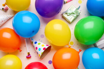 Balloons with gifts, party whistles and confetti on beige background