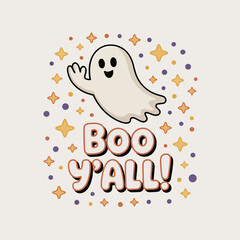 Boo yall poster with ghost, brown dots, Halloween greeting, printable card, sticker, fun vector illustration