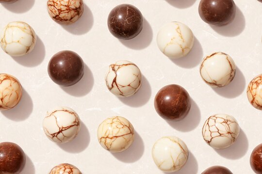 Chocolate bonbons and truffles arranged in a seamless pattern. Food confectionery concept for background or texture design.