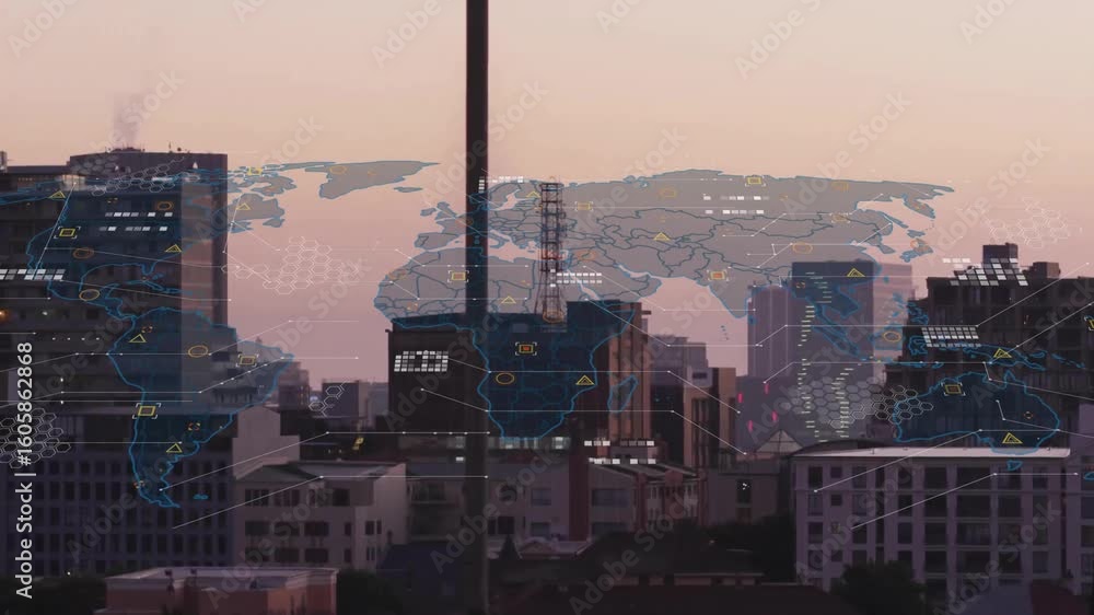 Poster sunset skyline sparking world map overlay animating data nodes for global network monitoring