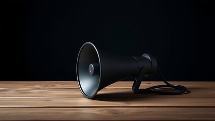 Megaphone placed on a wooden surface against a dark background.