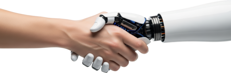 Human hand and robotic arm shaking representing cooperation and future technology Partnership transparent background