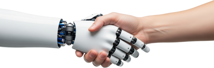 Human hand shaking robotic hand close up showing connection and advanced technology handshake transparent background