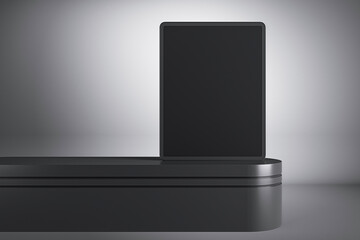A modern tablet mockup with a blank screen placed on a dark platform with a dark background, illustrating a digital display concept. 3D Rendering