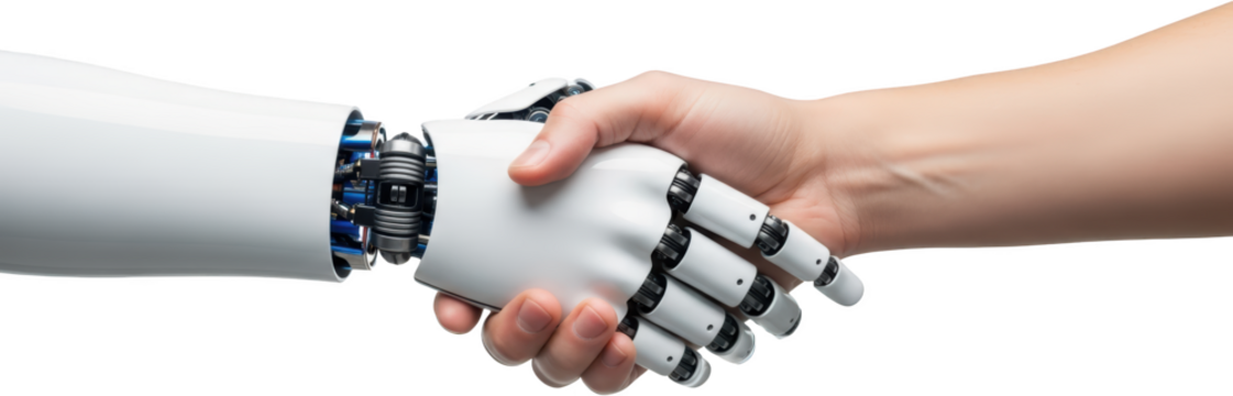 Human hand shaking robotic hand close up showing connection and advanced technology handshake transparent background