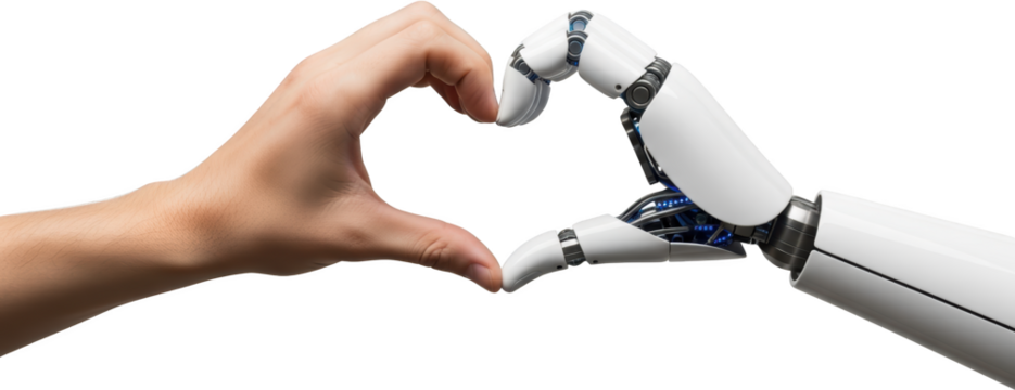 Human hand and robotic arm forming a heart shape symbolizing partnership and affection Technology transparent background