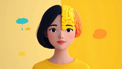 Stylized Cartoon Woman with Split Brain, Logic and Creativity Concept