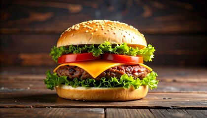 Gourmet burger on a rustic wooden surface