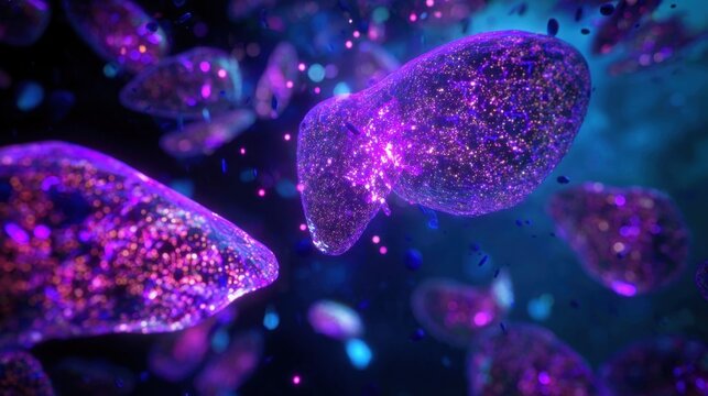 Microscopestyle image revealing liver enzymes pulsing purple while metabolizing and clearing chemical toxins.