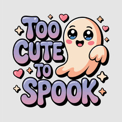 Too cute to spook card with blushing ghost, pink hearts, playful Halloween, printable sticker, kawaii style