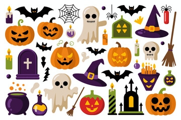 Spooky Halloween collection with skull, pumpkin, ghost, cauldron, witch hat, gravestone, potion, spider web, bat