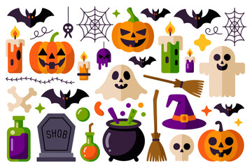 Creepy Halloween elements set with jack o lantern, cauldron, skull, potion, gravestone, witch hat, broom, ghost