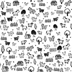 Fototapeta premium Seamless Farm Animal Repeating Pattern – Black and White Doodle Style