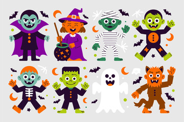 Naklejka premium Cute Halloween monster set with vampire, witch, mummy, skeleton, pumpkin, ghost, Frankenstein, werewolf, bat