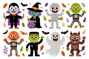 Obraz premium Halloween character collection with vampire, witch, mummy, Frankenstein, pumpkin, ghost, werewolf, skeleton, bat