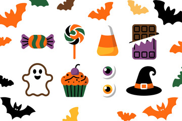Cute Halloween treat icons with ghost, cupcake, lollipop, candy corn, chocolate, witch hat, eyeball, bat