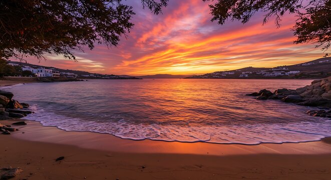 Scenic view of Paralia Platis Gialos beach in Mykonos during autumn with waves and sunset. - Scenic beauty in Greece