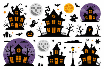 Haunted house vector set with spooky mansion, bats, pumpkins, full moon, graveyard, Halloween scene collection