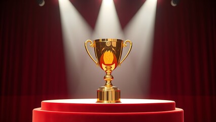 Shining gold trophy on velvet podium under dramatic spotlight at an award ceremony.
