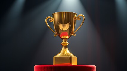 A gleaming gold trophy sits on a velvet stand, radiating achievement and prestige.