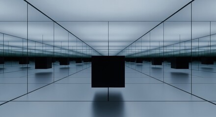 Floating black cube in an infinite mirrored room with soft blue lighting and perfect symmetry.