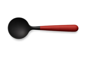 Realistic vector illustration of a kitchen utensil with black bowl and red handle, isolated on transparent background
